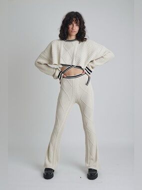 Cream Cable-Knit Flared Pants
